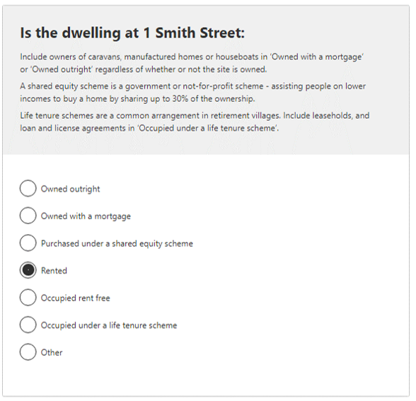 Landlord type example - rented response selected