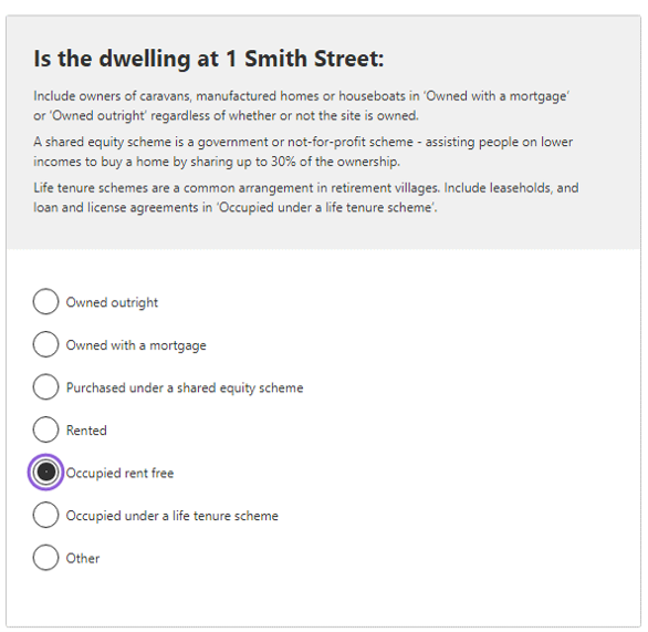 Rent affordability indicator example - occupied rent free response selected