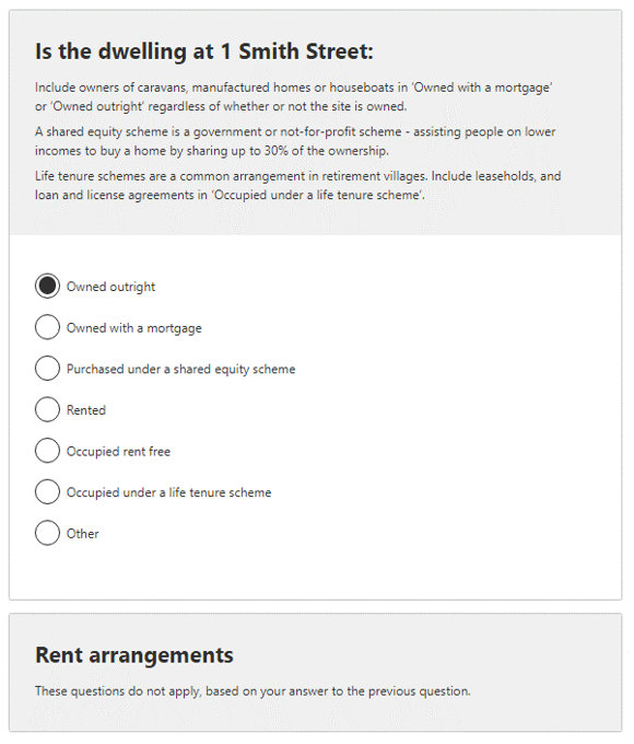 Rent (weekly) dollar values example - owned outright response selected