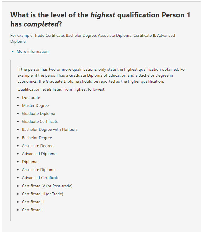 Additional information relating to the question on: What is the level of the highest qualification the person has completed? 