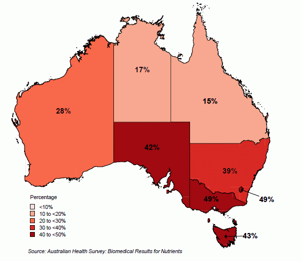 Map of Australia showing rates of Vitamin D deficiency by state in winter