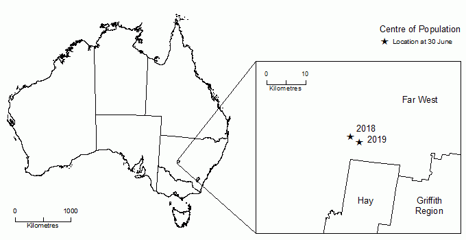 Map showing Australia's Centre of Population, June 2018 and June 2019