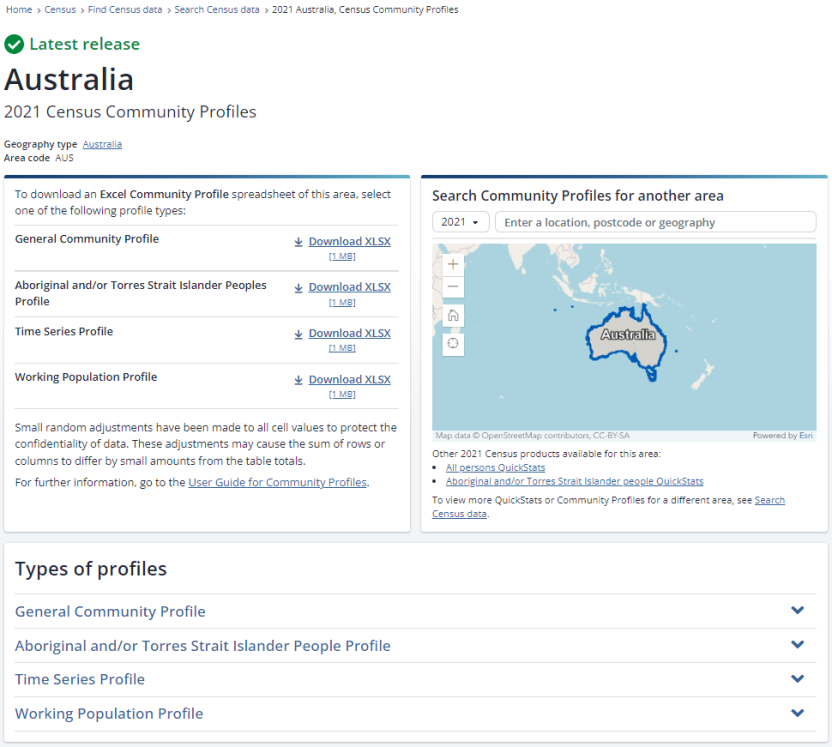 Image of 2021 Australia Census Community Profile download page.