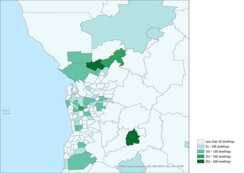 Image of map highlighting areas with the largest dwelling stock growth (number of dwellings), South Australia SA2s, 2021-22