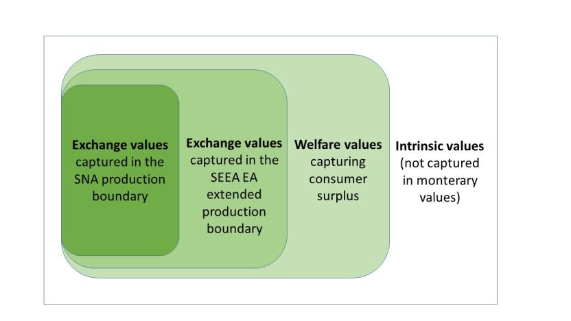 A diagram with four nested rectangles shows economic valuation methods for ecosystem contributions. The smallest rectangle represents SNA production boundary values, the next larger one SEEA EA extended production boundary values, the third one welfare values, and the largest one intrinsic values. It distinguishes between values captured within SNA and SEEA EA boundaries, welfare values, and intrinsic values.