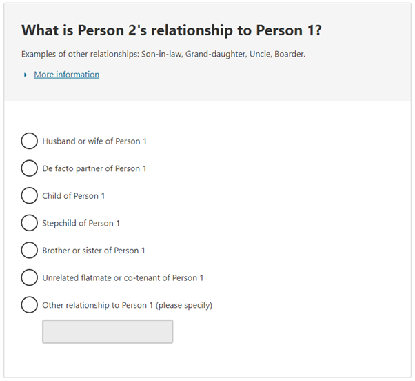 The image shows a snippet from the Census form with the question 'What is Person 2's relationship to Person 1?'. The options are husband or wife, de facto partner, child, stepchild, brother or sister, unrelated flatmate or co-tenant, and a text box to enter a different relationship.