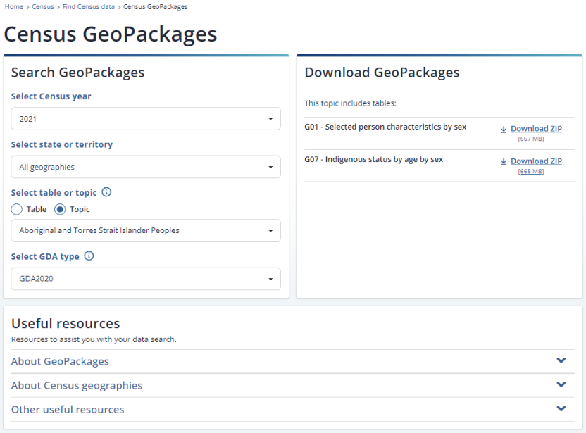 Image of Census GeoPackages interface. This is where users can search and download Census GeoPackages.