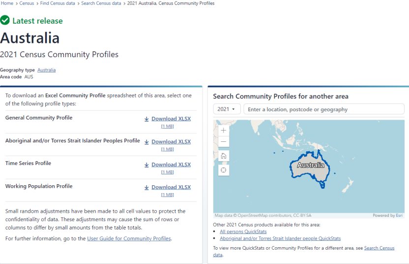 Image of 2021 Australia, Community Profiles results page.