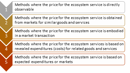 A vertical flowchart with five numbered boxes lists methods for pricing ecosystem services, from most to least preferred: 1) Directly observable prices, 2) Prices from similar goods/services markets, 3) Prices in market transactions, 4) Prices based on revealed expenditures for related goods/services, and 5) Prices based on expected expenditures or markets.