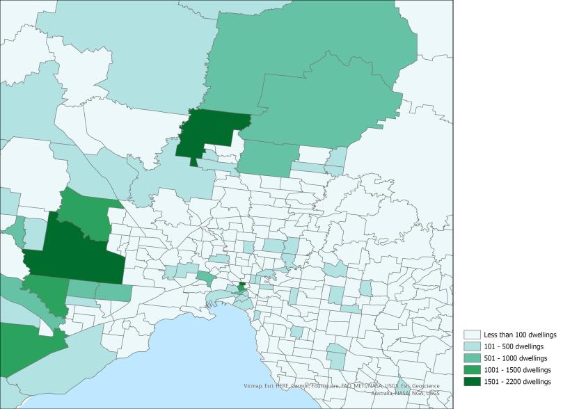 Image of map highlighting areas with the largest dwelling stock growth (number of dwellings), Victoria SA2s, 2021-22