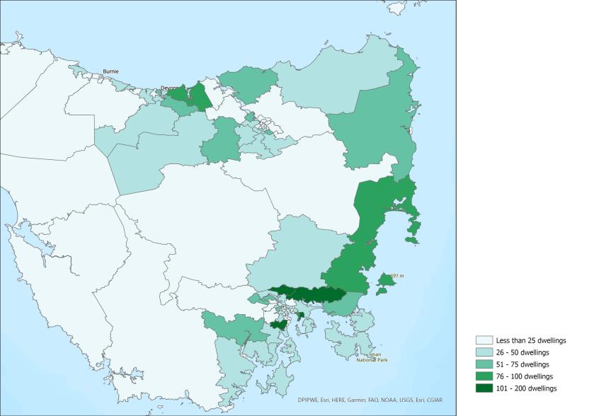 Image of map highlighting areas with the largest dwelling stock growth (number of dwellings), Tasmania SA2s, 2021-22