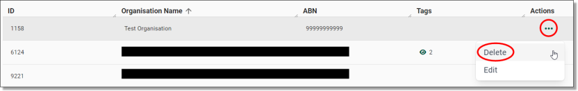 Delete organisations action button