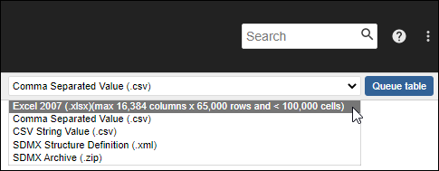 Select the format for your table to download