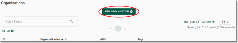 new organisation button