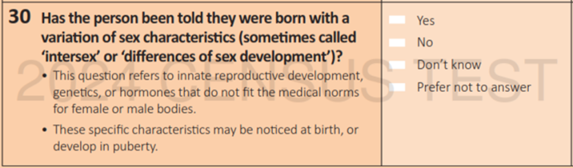 Image shows extract of 2024 Census Test paper form variations of sex characteristics question.