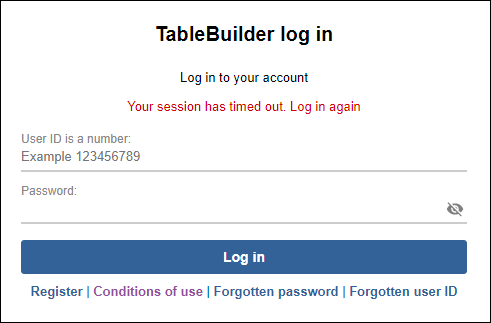 TableBuilder session time out screen