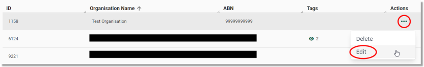 Edit organisations action button