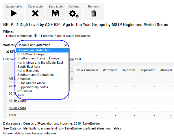 Table with wafers showing available categories in dropdown list