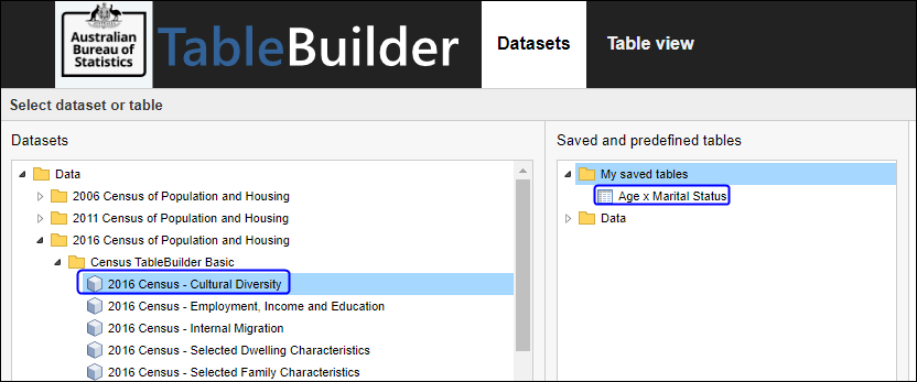 Open a saved table via home page middle panel