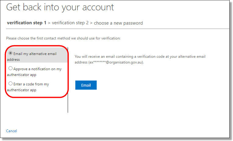 Password reset options left hand column