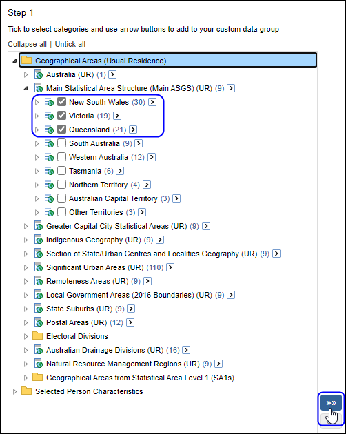 Selecting required ASGS then moving them to step two