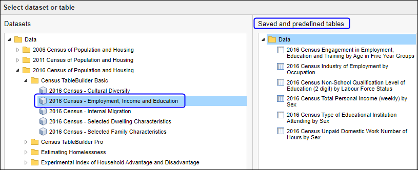 Census TableBuilder Basic dataset 2016 Census - Employment, Income and Education has six predefined tables available for users.