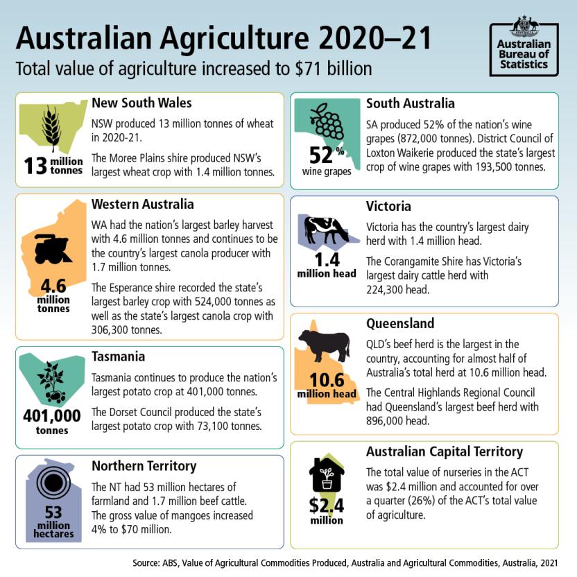 Infographic showing total value of Australian agriculture from 2020-21 and key state statistics.